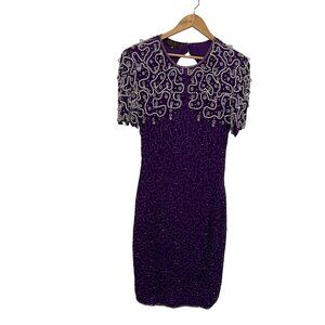 Vintage 1980s Purple Silk Beaded Sequin Cocktail Dress M